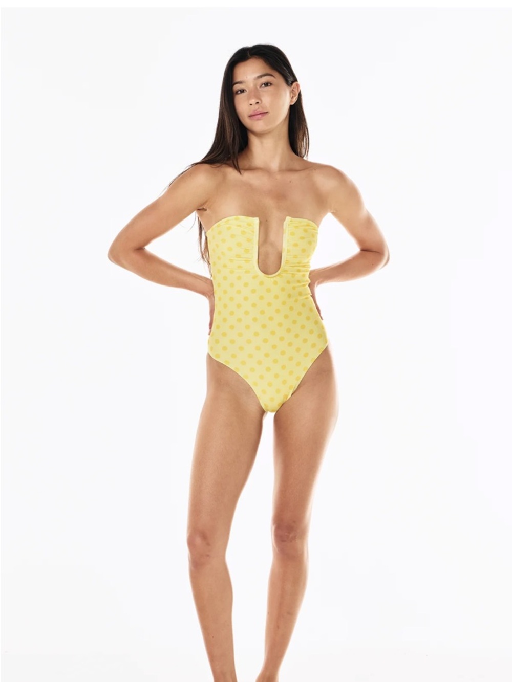 Strapless Yellow Polka Dot One-Piece Swimsuit with Deep U Plunge